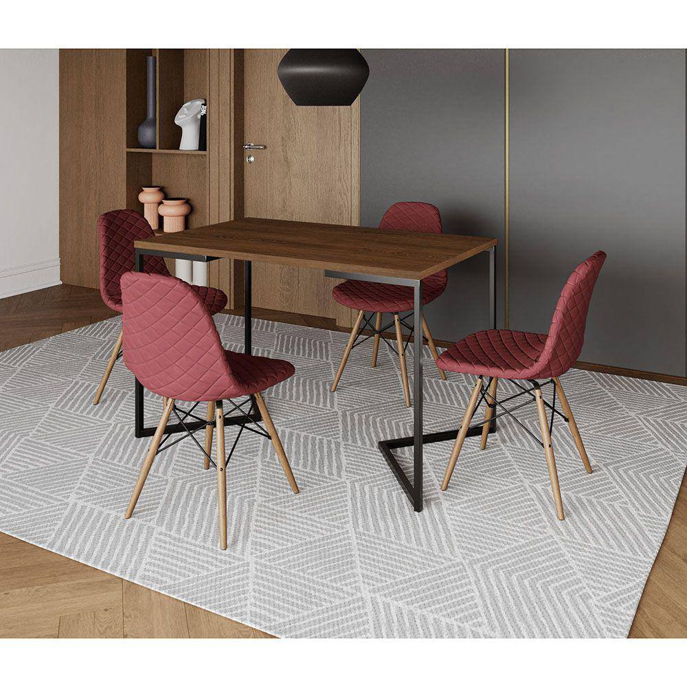 Mesa Jantar Industrial com 4 Cadeiras Estofadas Vermelha Madeira Tampo Amêndoa 120x75 Base V Aço Pre