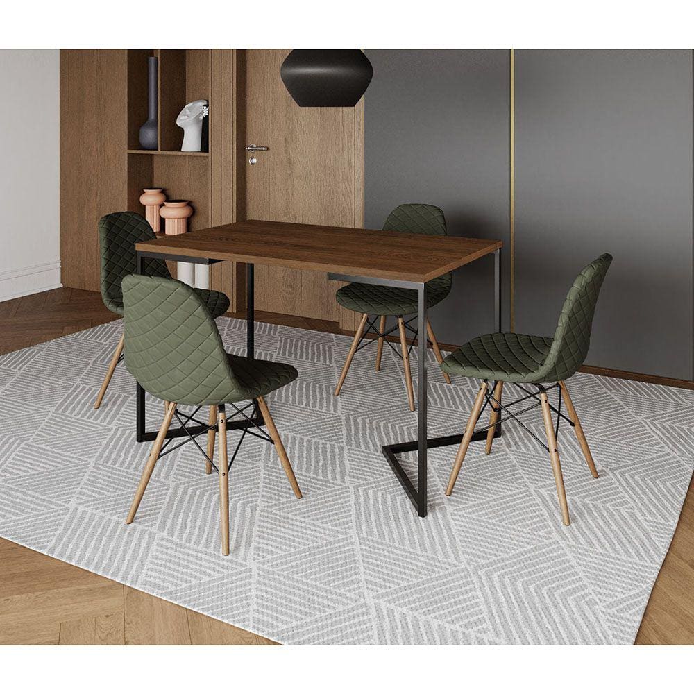 Mesa Jantar Industrial com 4 Cadeiras Estofadas Verde Madeira Tampo Amêndoa 120x75 Base V Aço Preto