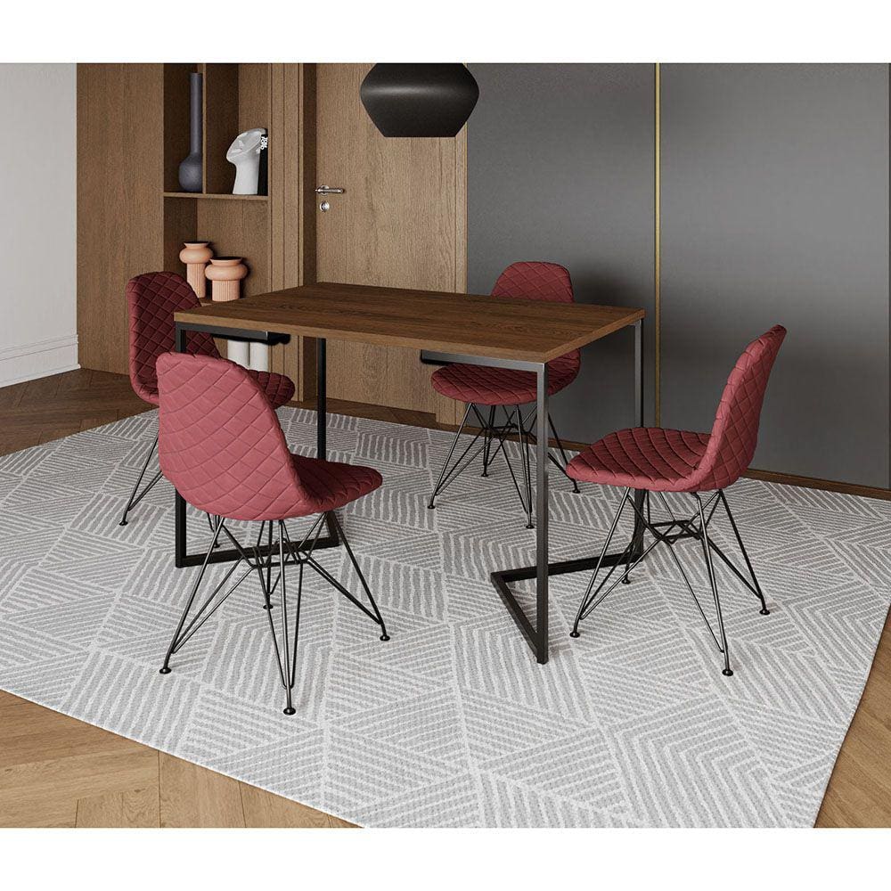 Mesa Jantar Industrial Retangular Amêndoa 120x75 Base V com 4 Cadeiras Estofadas Vermelha Aço Preto