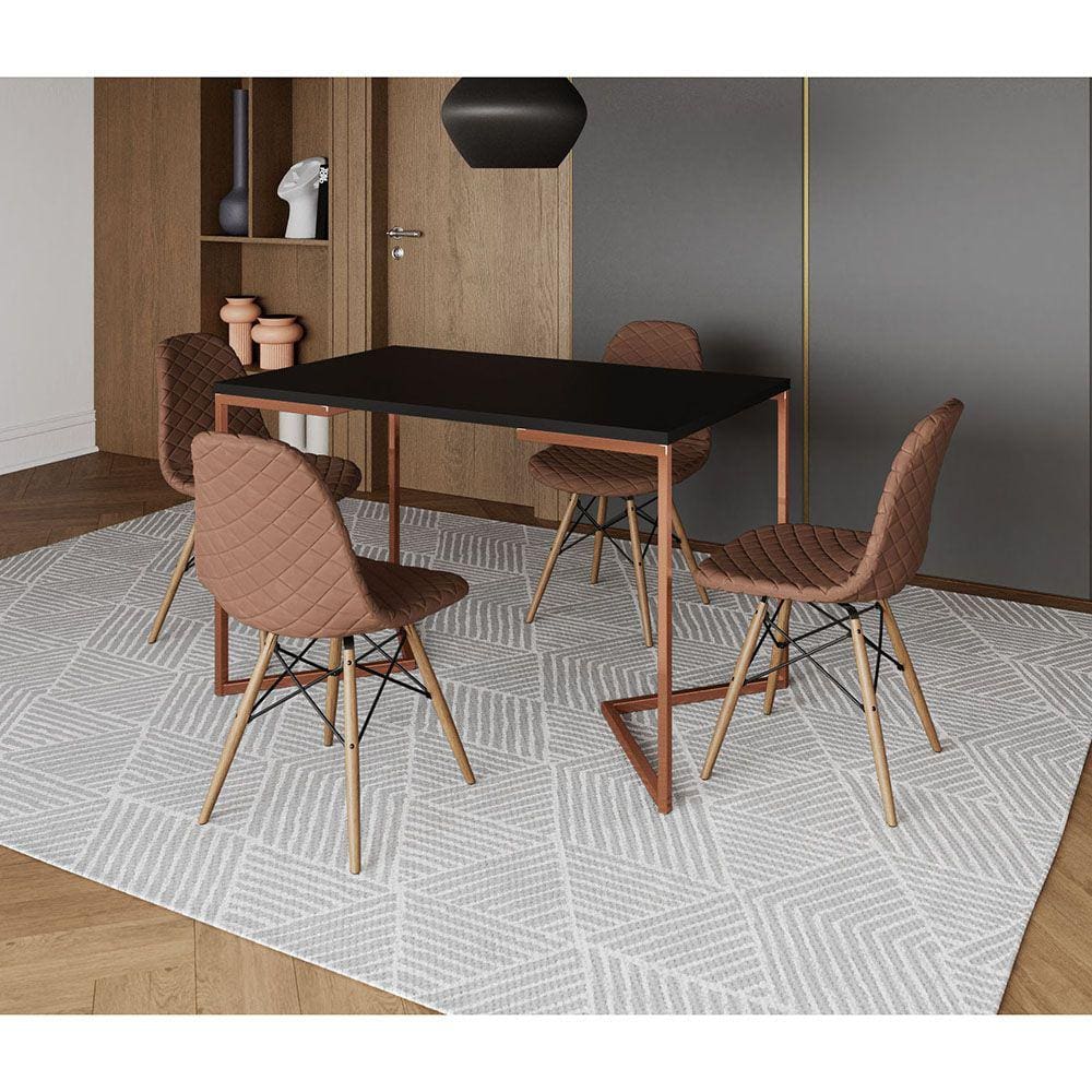 Mesa Jantar Industrial Retangular Preta 120x75 Base V Cobre com 4 Cadeiras Estofadas Caramelo Madeir