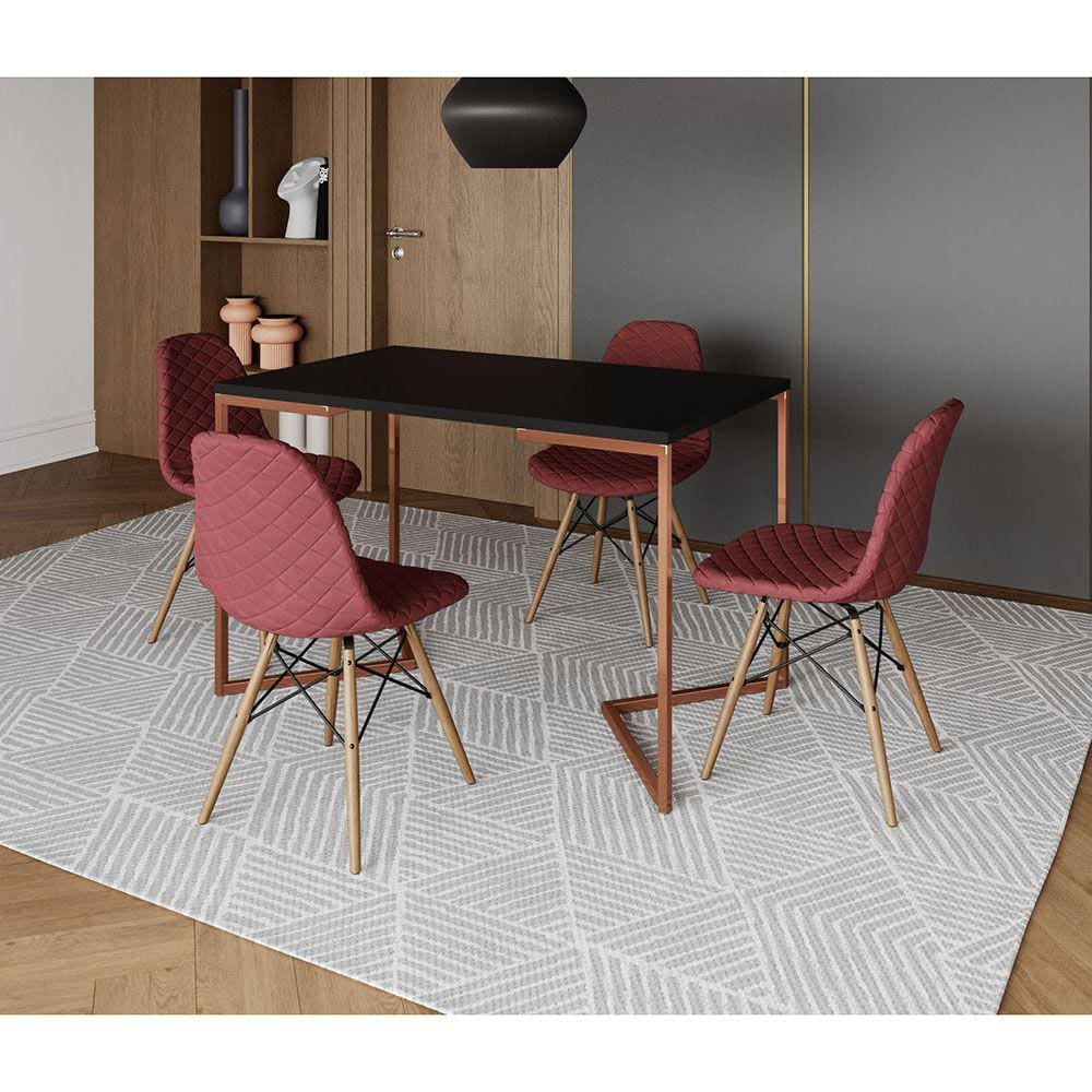 Mesa Jantar Industrial Retangular Preta 120x75 Base V Cobre com 4 Cadeiras Estofadas Vermelhas Madei