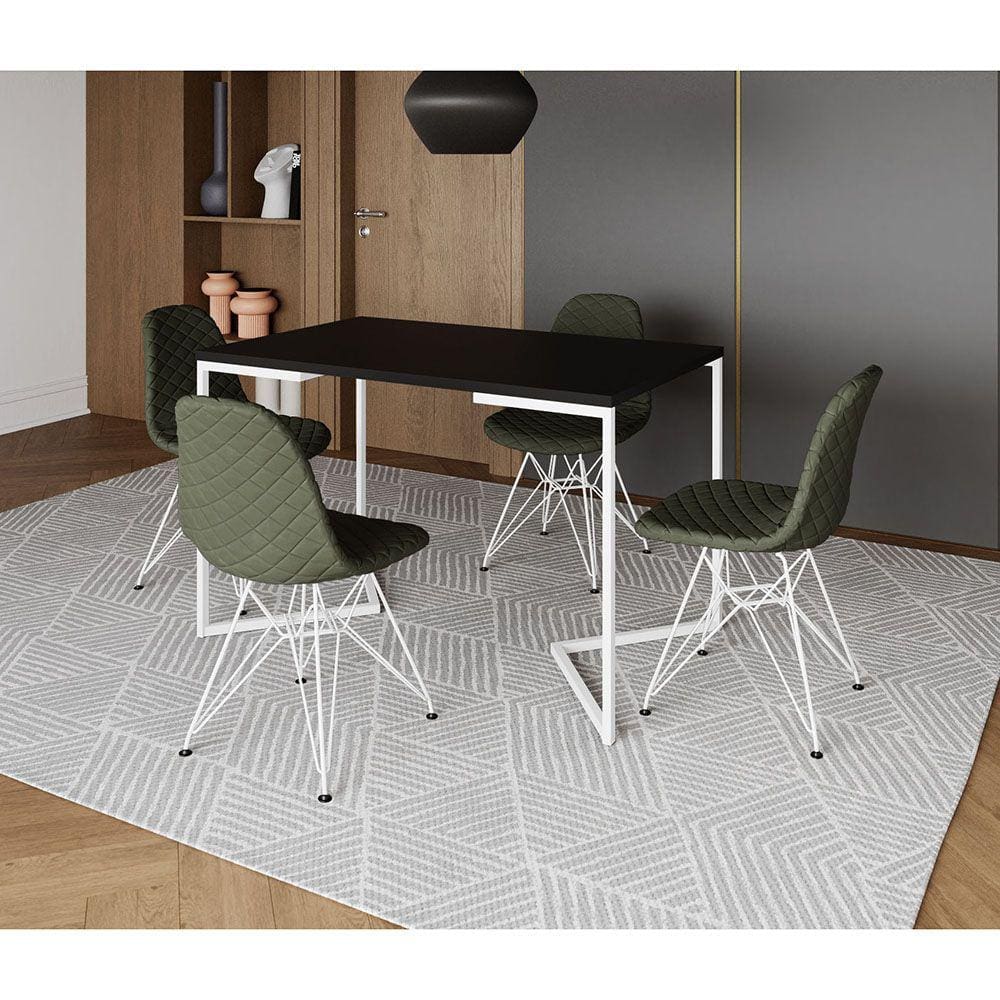 Mesa Jantar Industrial Retangular Base V 120x75cm Preta com 4 Cadeiras Estofadas Verdes Aço Branco