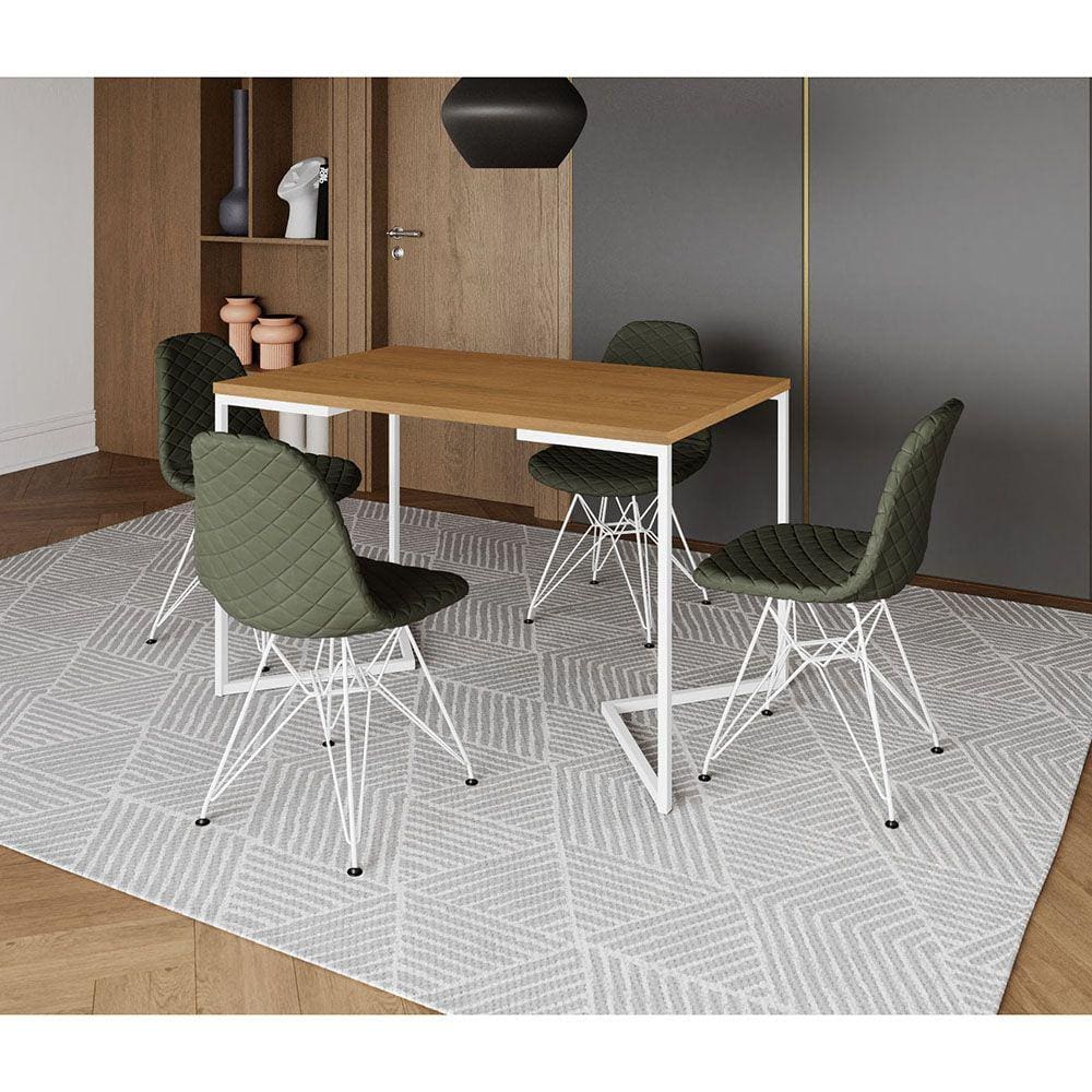 Mesa Jantar Industrial Retangular Base V 120x75cm Canela + 4 Cadeiras Estofadas Verdes Aço Branco