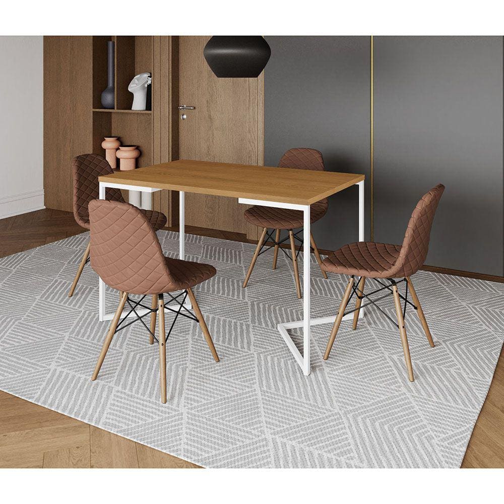 Mesa Jantar Industrial com 4 Cadeiras Estofada Caramelo Madeira Tampo Canela 120x75 Base V Aço Branc