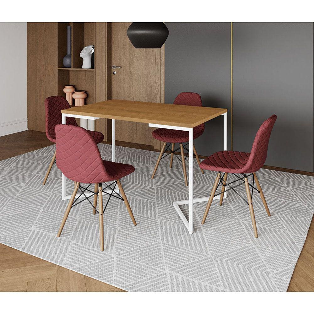 Mesa Jantar Industrial + 4 Cadeiras Estofadas Vermelha Madeira Tampo Canela 120x75 Base V Aço Branco