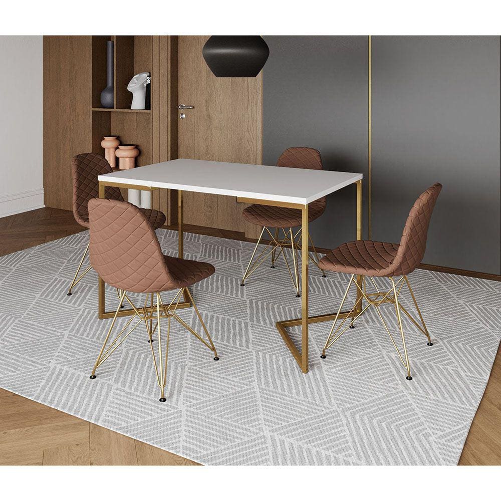 Mesa Jantar Industrial Retangular Branca 120x75 Base V com 4 Cadeiras Estofadas Caramelo Aço Dourado