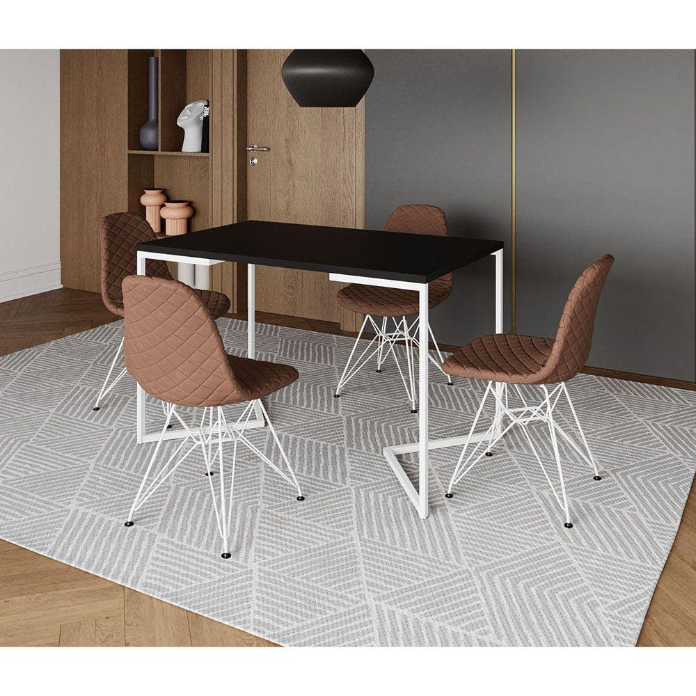 Mesa Jantar Industrial Retangular Base V 120x75cm Preta com 4 Cadeiras Estofadas Caramelo Aço Branco
