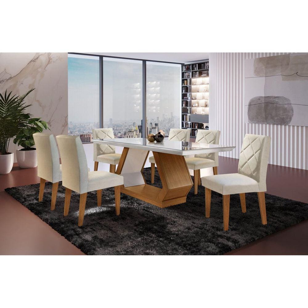 Conjunto Sala de Jantar Mesa Islândia 180x80cm Tampo Vidro/MDF Canto Reto com 6 Cadeiras Irlanda Rufato Off White/Imbuia