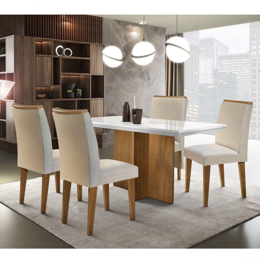 Conjunto Sala de Jantar Mesa Tampo MDF Irlanda 4 Cadeiras Dublin Rufato Veludo Creme/Off White/Imbuia