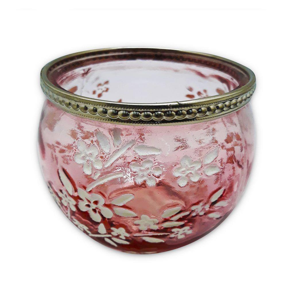 Castiçal Porta Velas em Vidro Moderno Floral Rosa 19 cm
