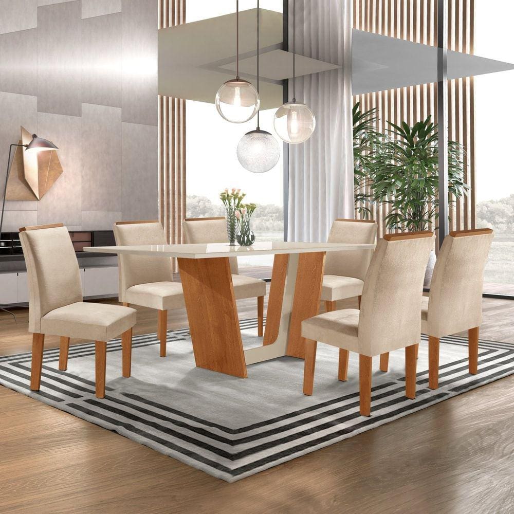 Conjunto Sala de Jantar Mesa Tampo Dakota Plus Vidro 160x80cm com 6 Cadeiras Luisa Cel Móveis Cinamomo/Off White/Suede Pena