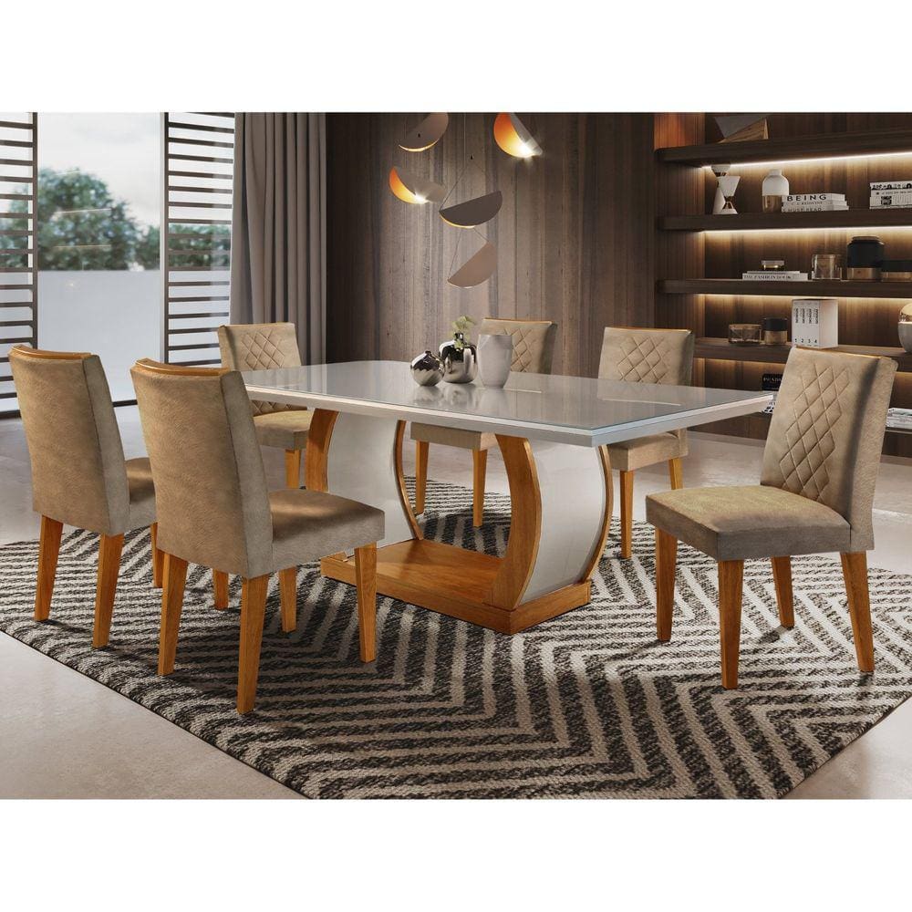 Conjunto Sala de Jantar Mesa Luanda 180x80cm Tampo Vidro/MDF Canto Reto com 6 Cadeiras Luanda Rufato Off White/Imbuia