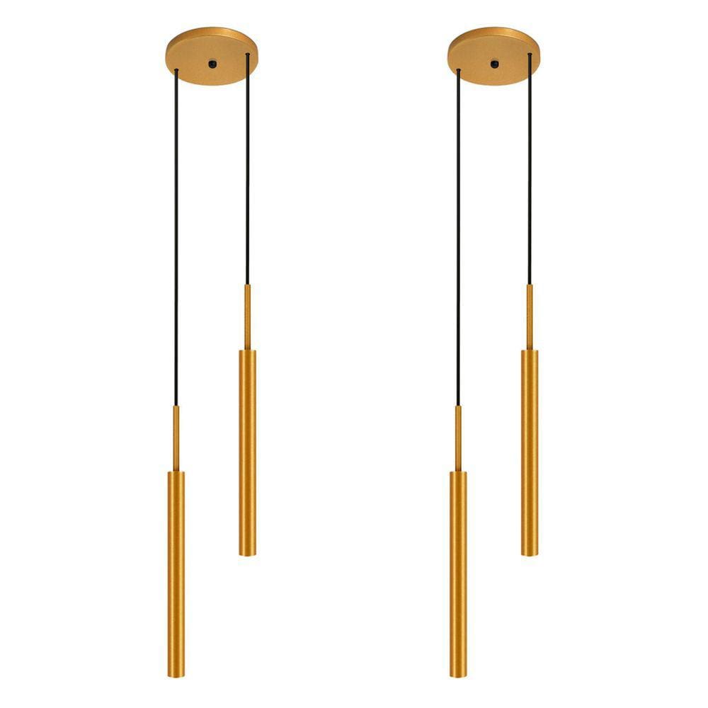 Kit 2 Luminárias Pendente De Teto Tubo Duplo Balcão Dourado