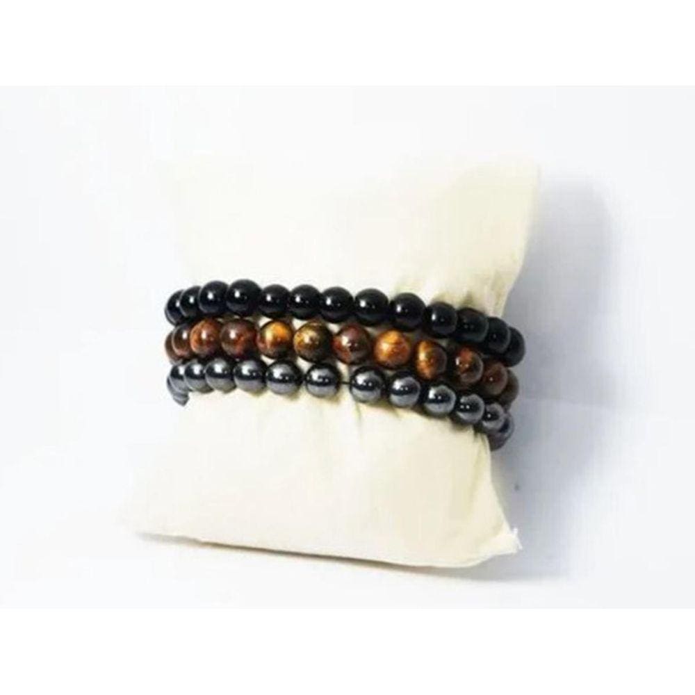 Pulseira Masculina Bolinha Pedra 8Mm 3 Peças Olho De Tigre