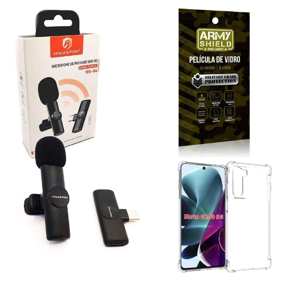Microfone Sem Fio + Capa Motorola G200 E Película De Vidro