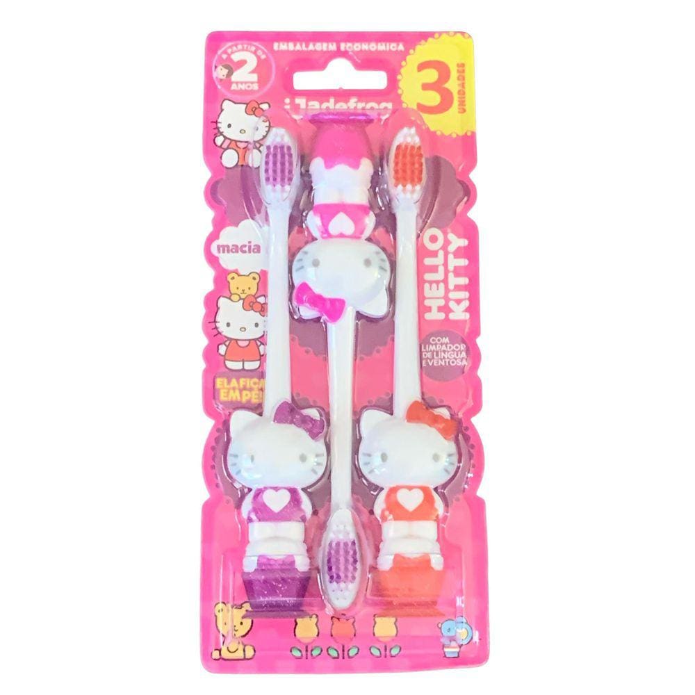 Kit Com 3 Escova Dental Infantil Hello Kitty Com Ventosa