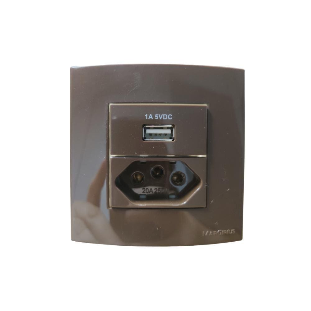 Tomada Dupla Para Móveis Margirius 10/20A + Usb - Marrom