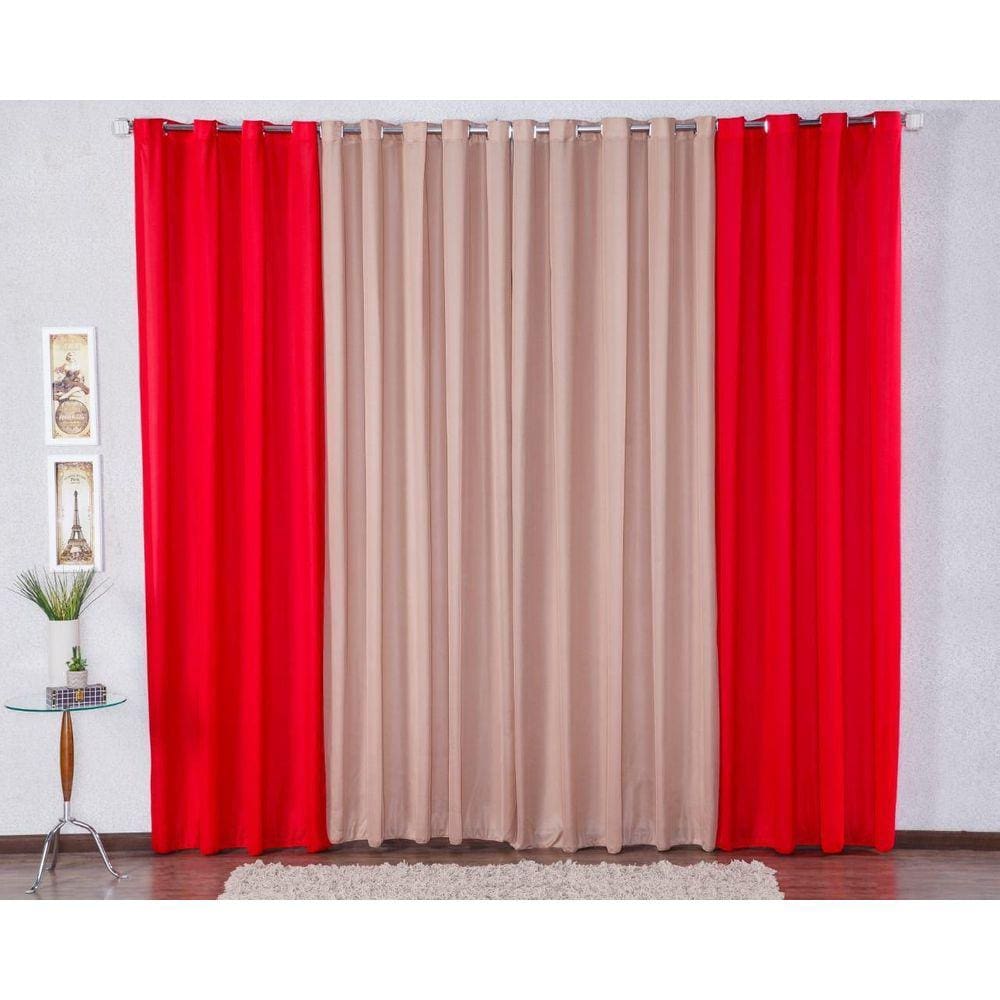 Cortina 300X280 Com Ilhós P Sala Malha Gel - Vermelho/Avelã