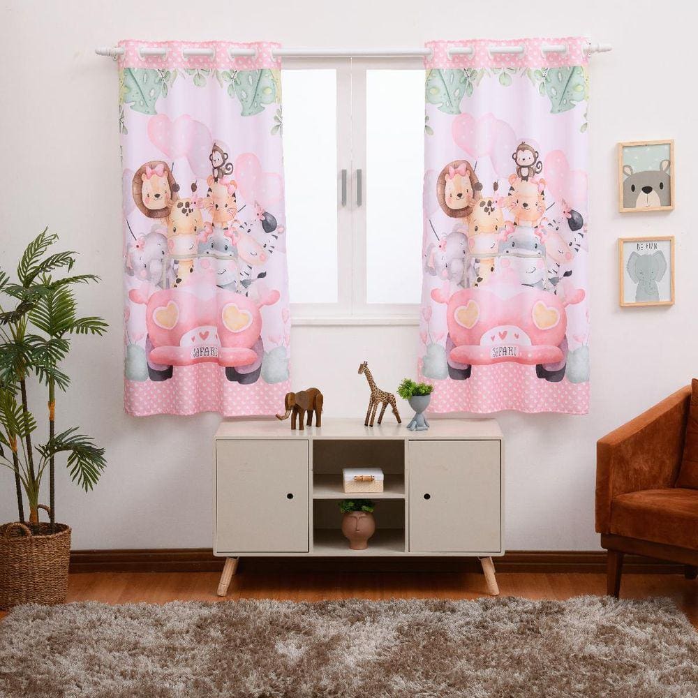 Cortina Estampada Infantil 200X150 Quarto Safari Rosa