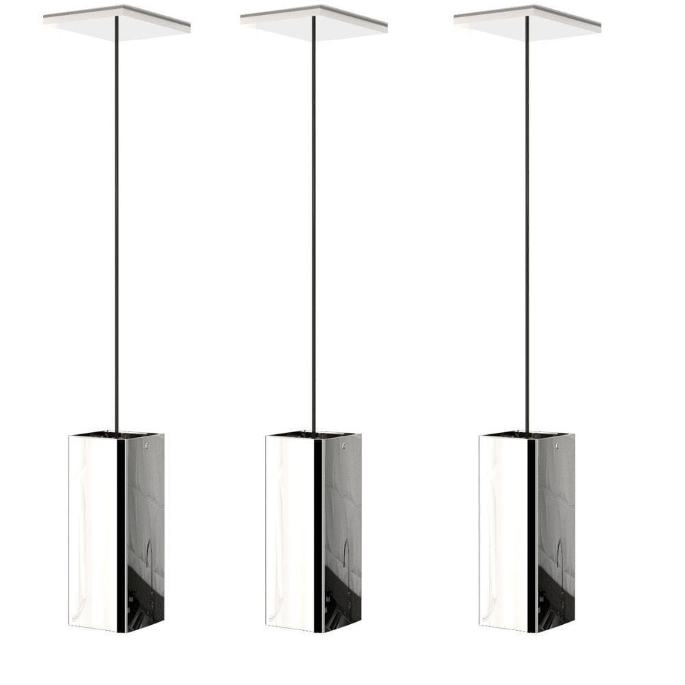 3 Pendentes Industrial Inox Quadrado Moderno Luminária Elg