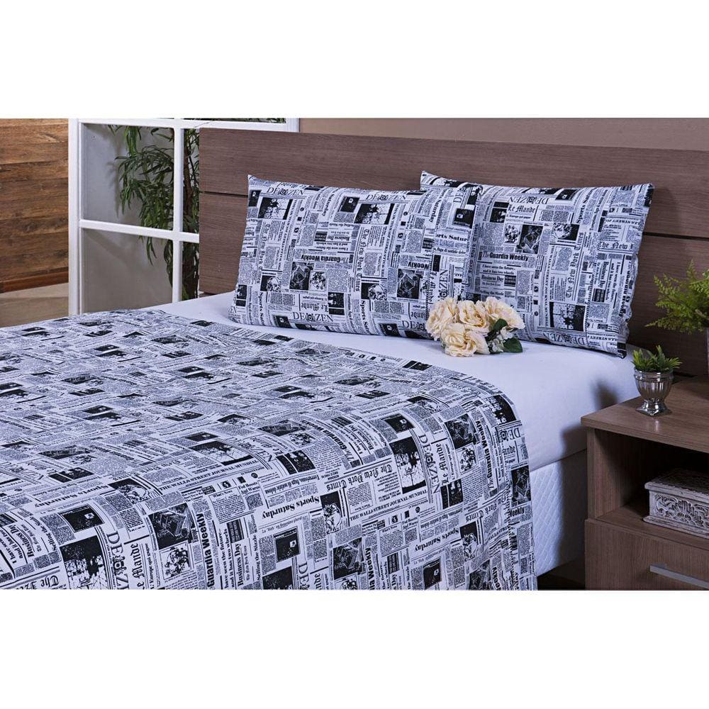 Jogo Lençol 4 Peças Cama Viúva 1,88M X 1,28M Percal Jornal