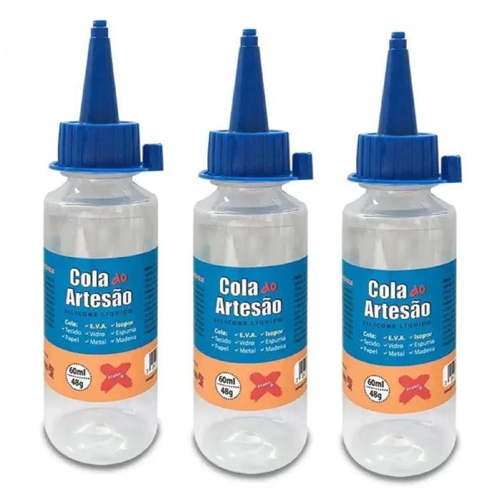 03 Cola De Silicone Líquida Artesanato Eva Isopor Couro 60Ml