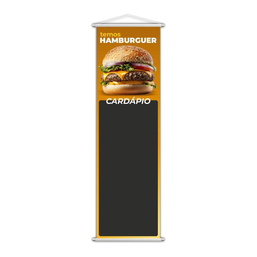 Banner Temos Hambúrguer Lanche Cardápio Fundo Preto 100X30Cm