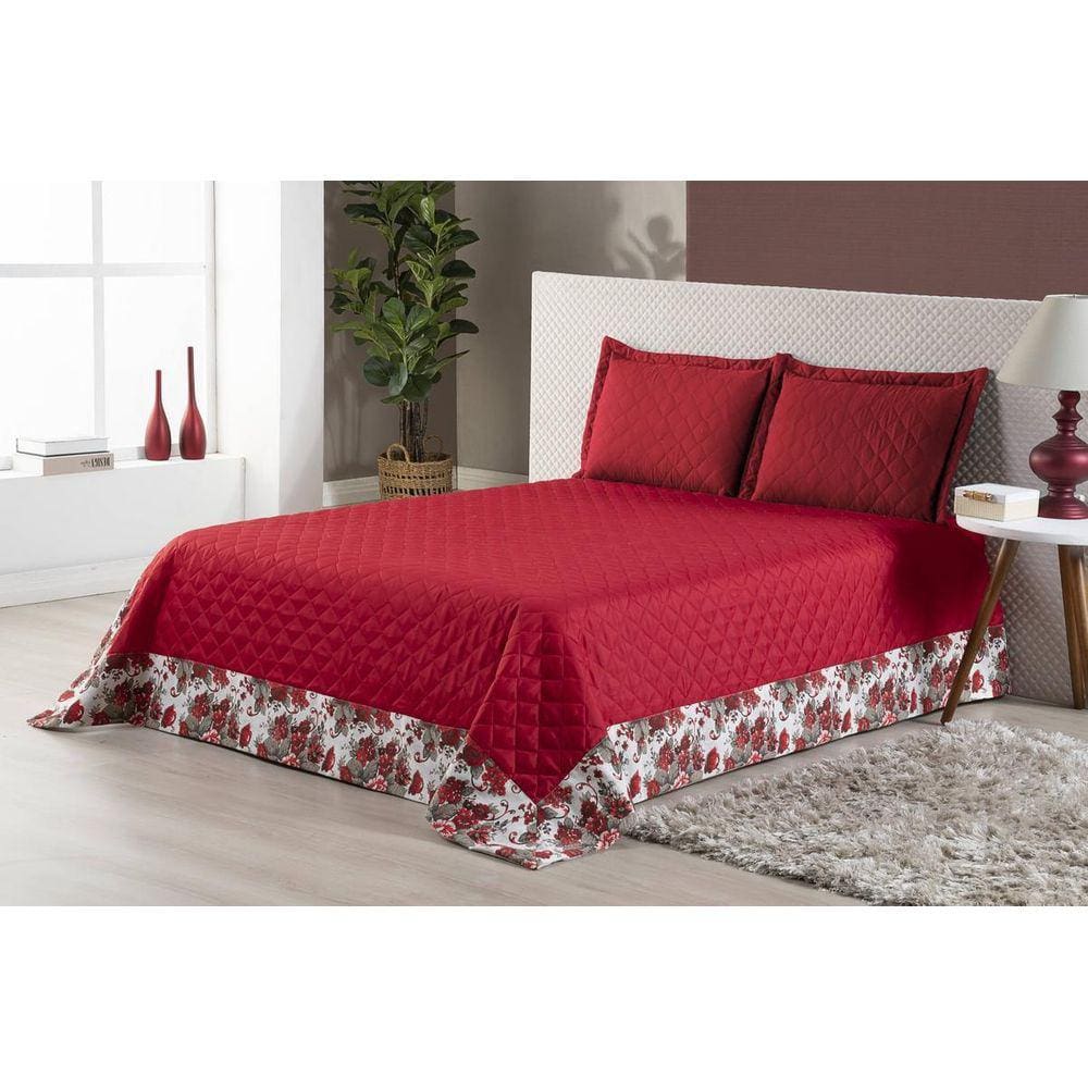 Kit Colcha Vitória Casal Padrão Com Babado 3 Peças Vermelho