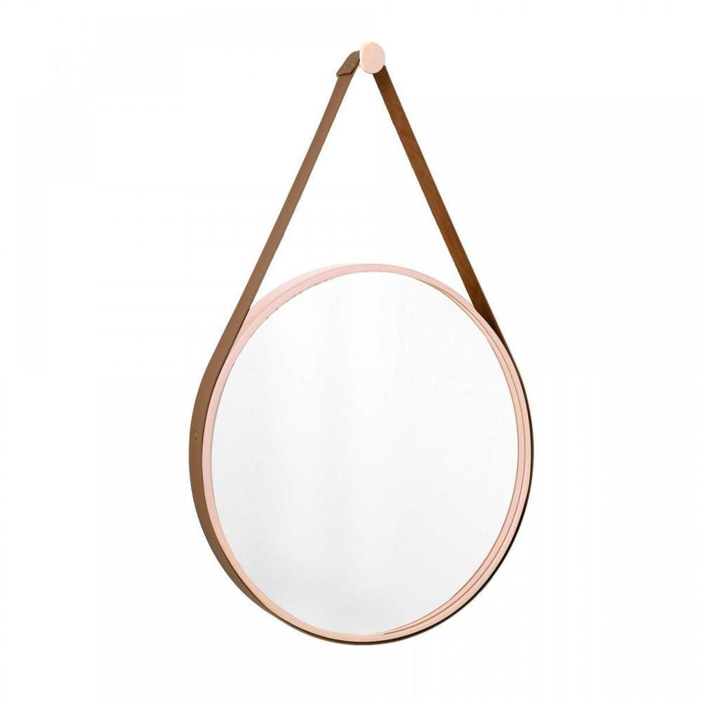 Espelho Decorativo Adnet Rosa Alça Corino Café 60Cm Redondo