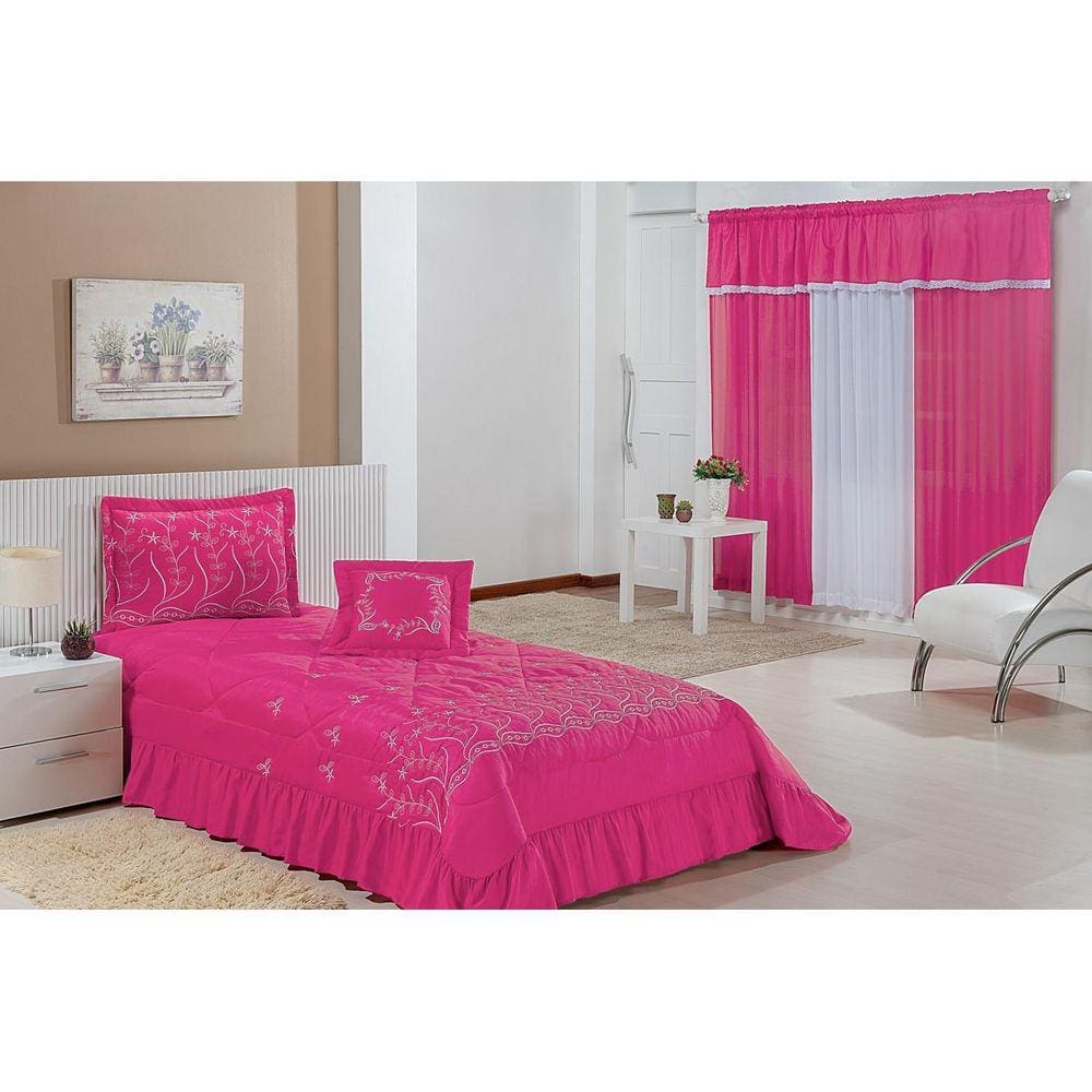 Kit Cobre Leito Solteiro Desejos 04 Peças Com Cortina- Pink