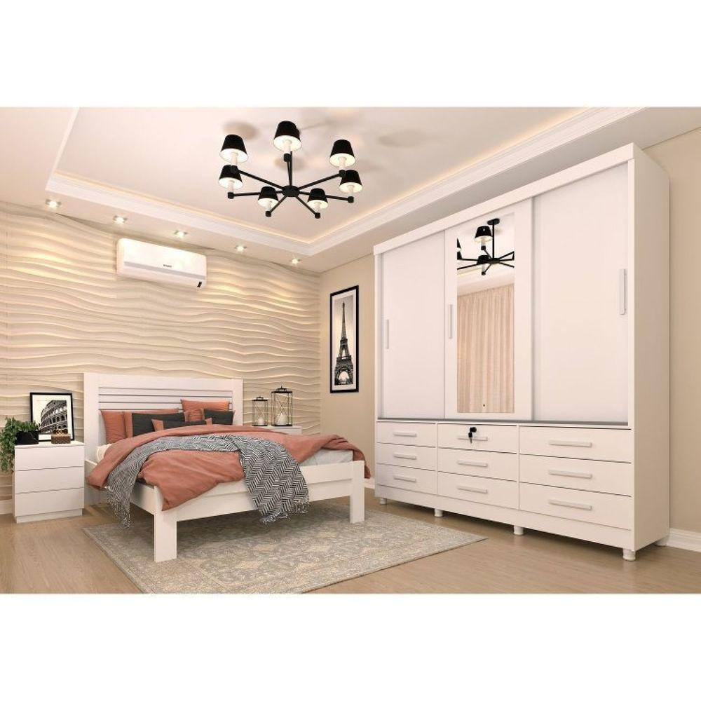 Quarto Completo Roupeiro 3 Portas, Cama Casal e Mesa de Cabeceira 3 Gavetas Chicago Tcil Móveis Neve/Neve
