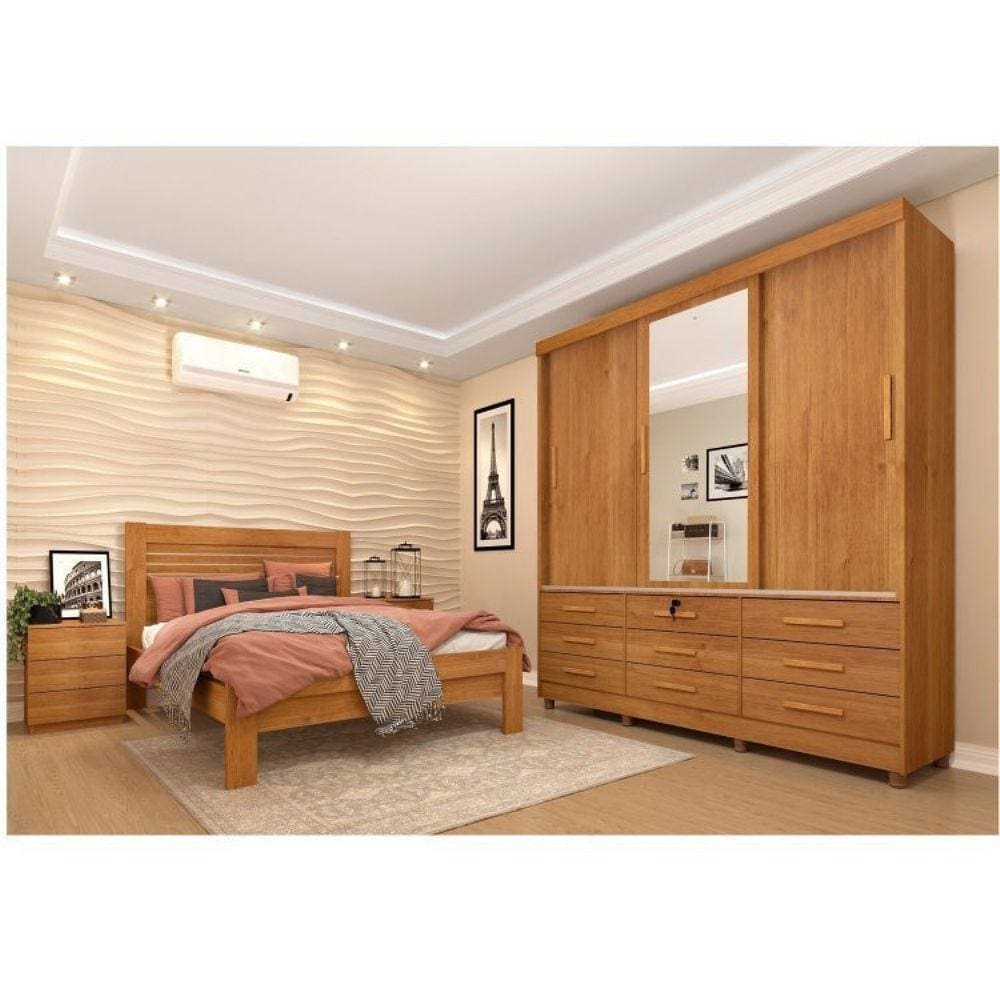 Quarto Completo Roupeiro 3 Portas, Cama Casal e Mesa de Cabeceira Chicago Tcil Móveis Cinamomo/Cinamomo