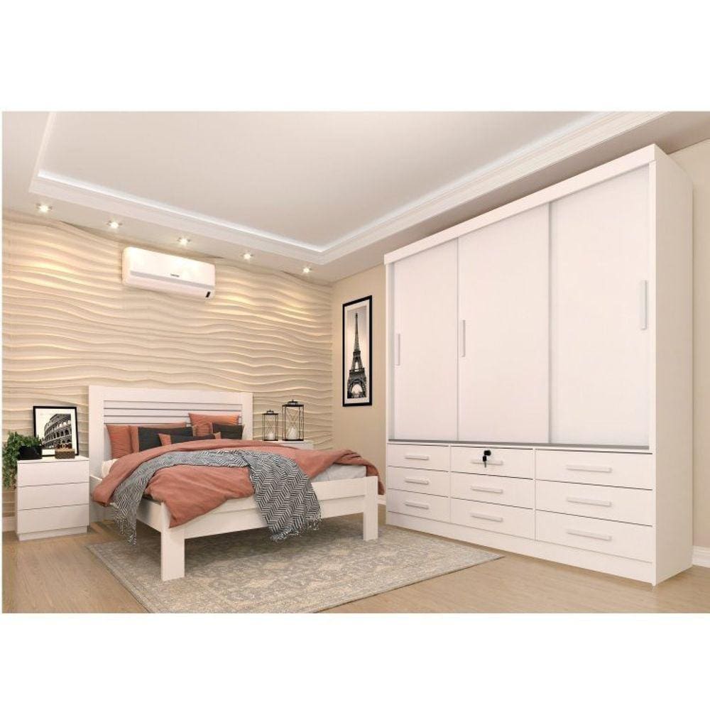 Quarto Completo Guarda Roupa 3 Portas Cama Casal e Mesa de Cabeceira 3 Gavetas Chicago Tcil Móveis Neve