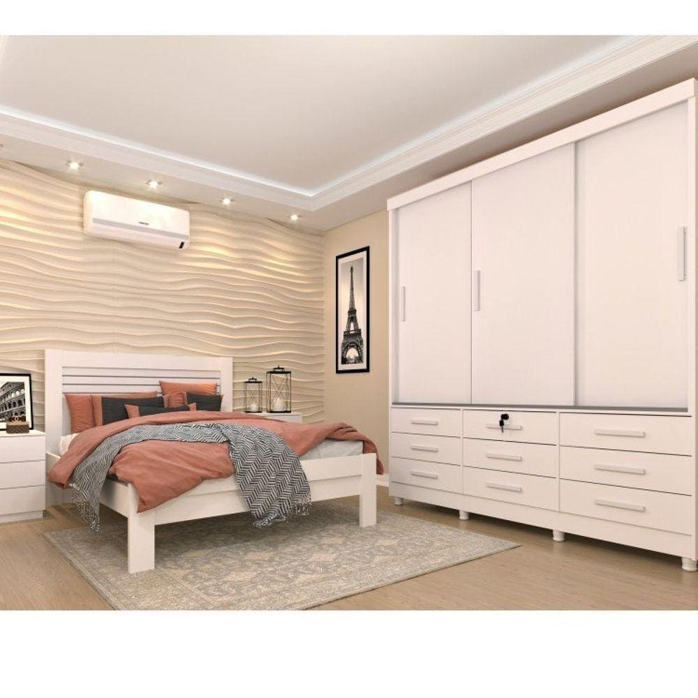 Quarto Completo Roupeiro 3 Portas, Cama Casal e Mesa de Cabeceira 3 Gavetas Chicago Tcil Móveis Neve/Neve