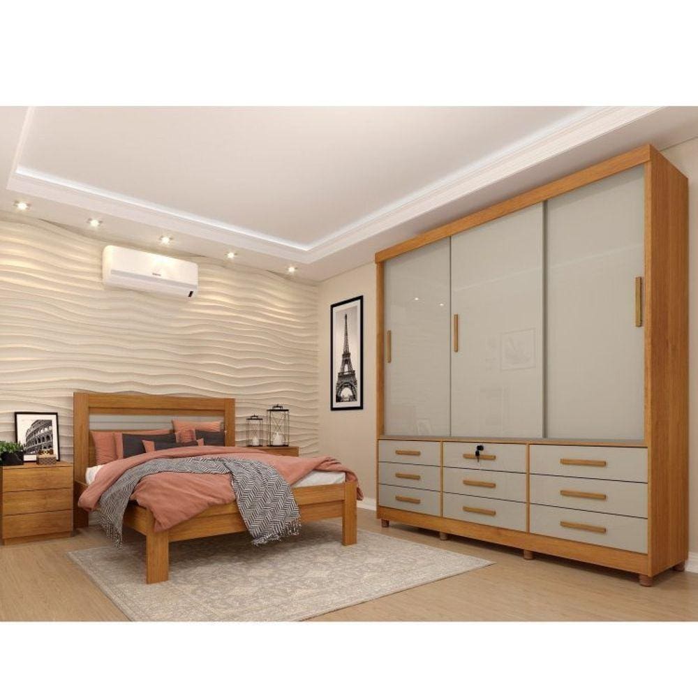 Quarto Completo Roupeiro 3 Portas, Cama Casal e Mesa de Cabeceira Chicago Tcil Móveis Cinamomo/Off White