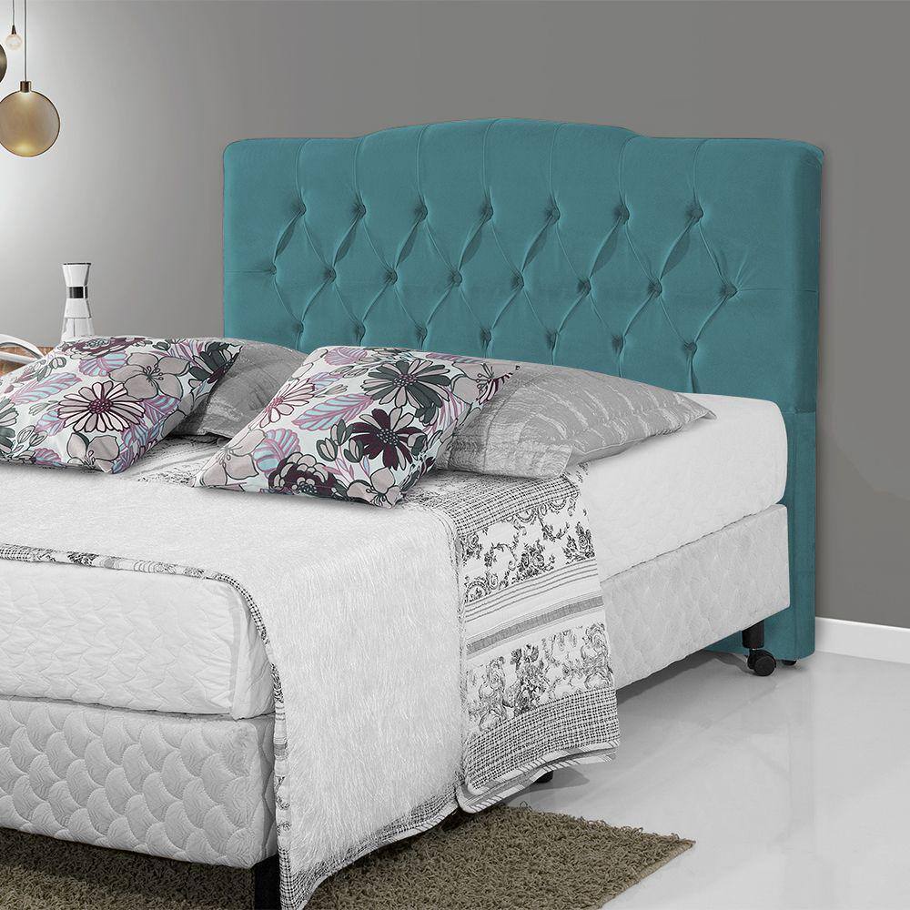 Cabeceira Casal Estofada Capitonê Camburiu 140cm Veludo Azul