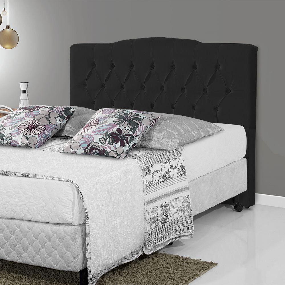 Cabeceira Estofada Cama Box Casal Queen Capitonê Camburiu 160cm Veludo Preto