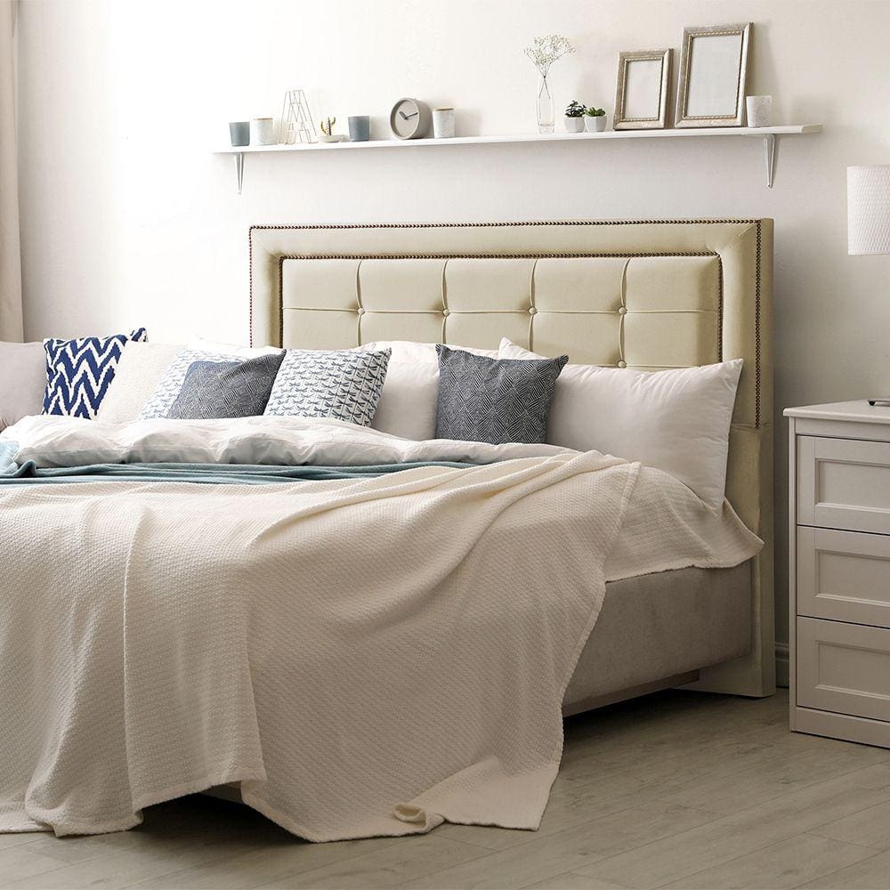 Cabeceira Casal Estofada Cama Box Capitonê Grécia 140cm Veludo Bege