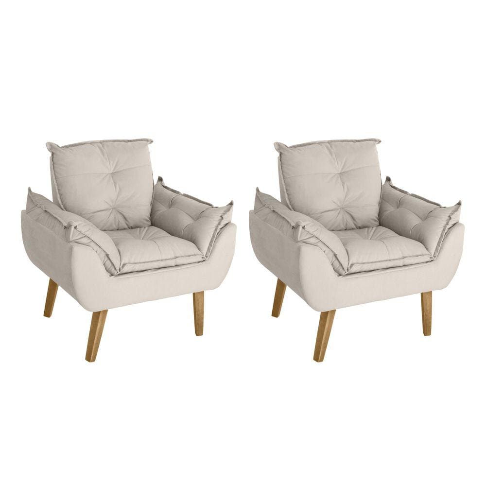 Kit 02 Poltrona Decorativa Opala  Bege Claro  com fibra de silicone e pés quadrado SMF DECOR