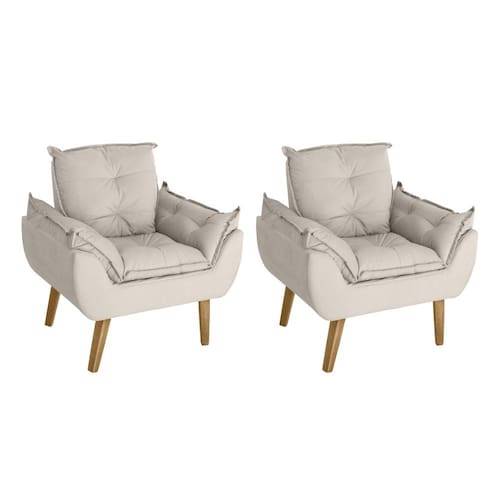 imagem-Kit 02 Poltrona Decorativa Opala  Bege Claro  com fibra de silicone e pés quadrado SMF DECOR