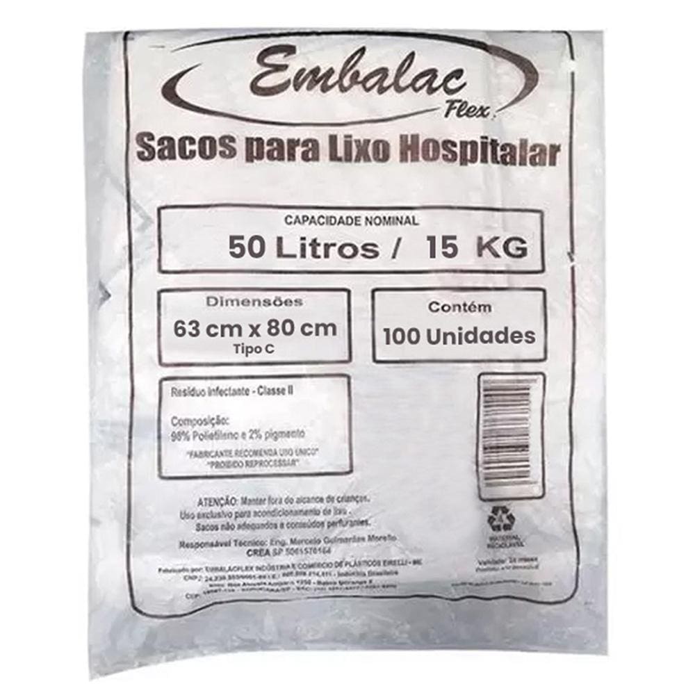 Saco Lixo Hospitalar Infectante 50L C/100 Branco Embalac