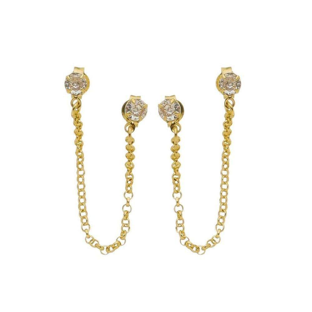 Brinco Ponto De Luz Duplo Com Corrente Banhado A Ouro 18K