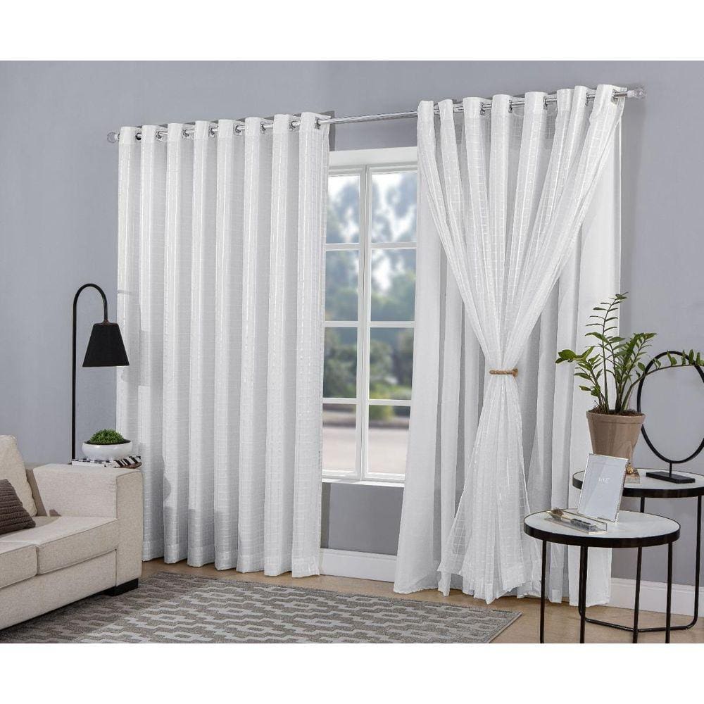 Cortina Quarto Voal Xadrez Com Forro Tecido Branco 4,00X2,50