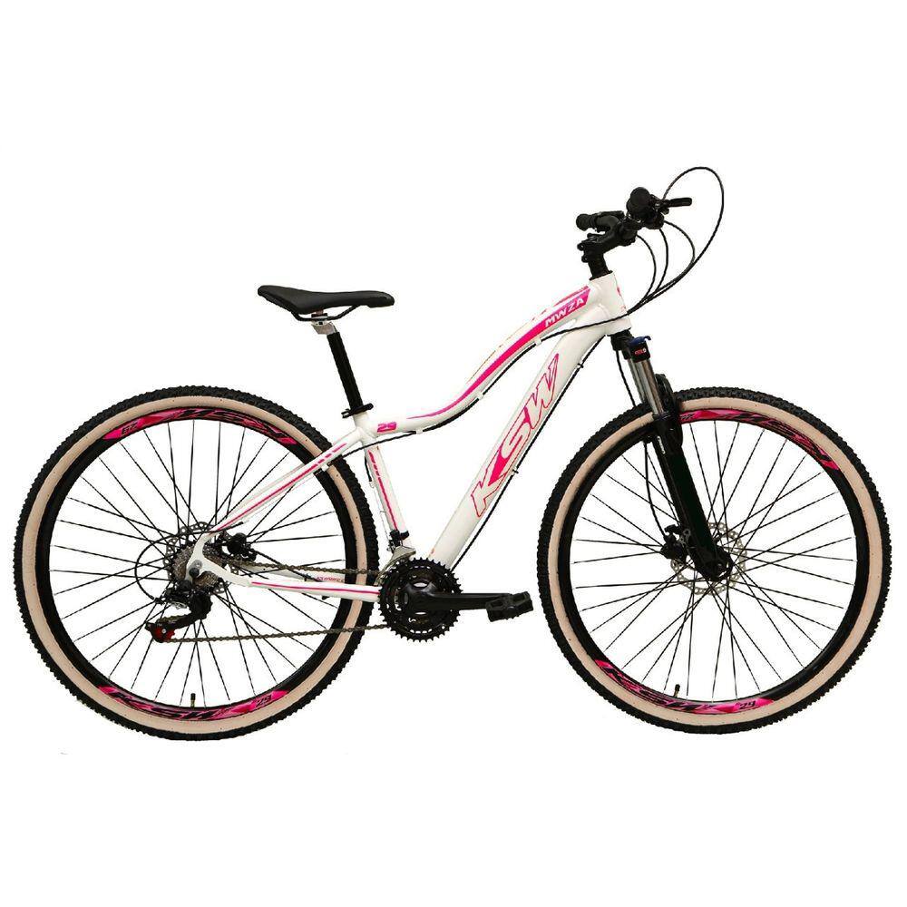 Bicicleta Feminina Aro 29 Ksw Mwza 27v Freio Hidráulico K7 Garfo com Trava Pneu com Faixa Bege - Branco/Rosa