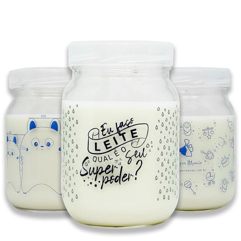 Kit 3 Potes Vidro Armazenar Leite Materno Decorados 360 Graduação 200ml