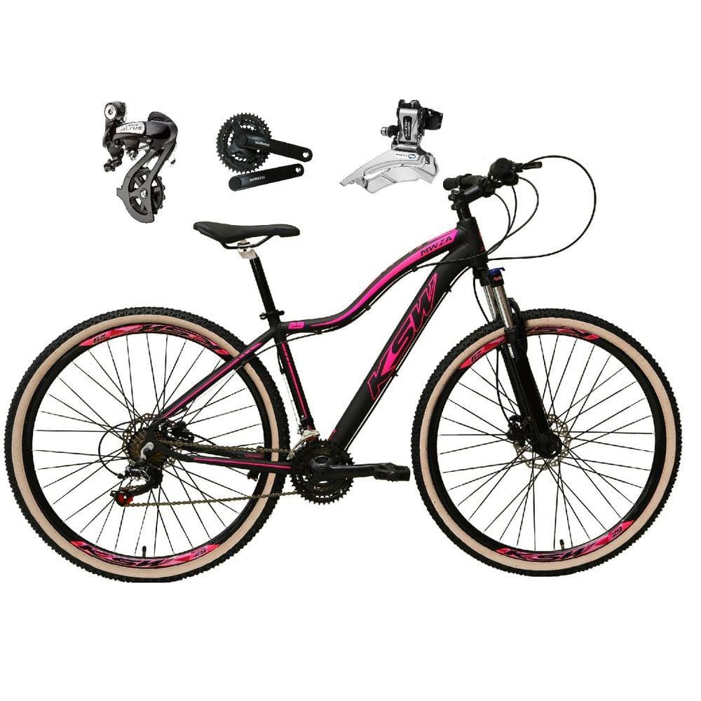 Bicicleta aro 29 Ksw Mwza Shimano Altus 24V Freio a Disco Hidráulico Garfo com Trava com Pneu Faixa Bege - Preto/Rosa