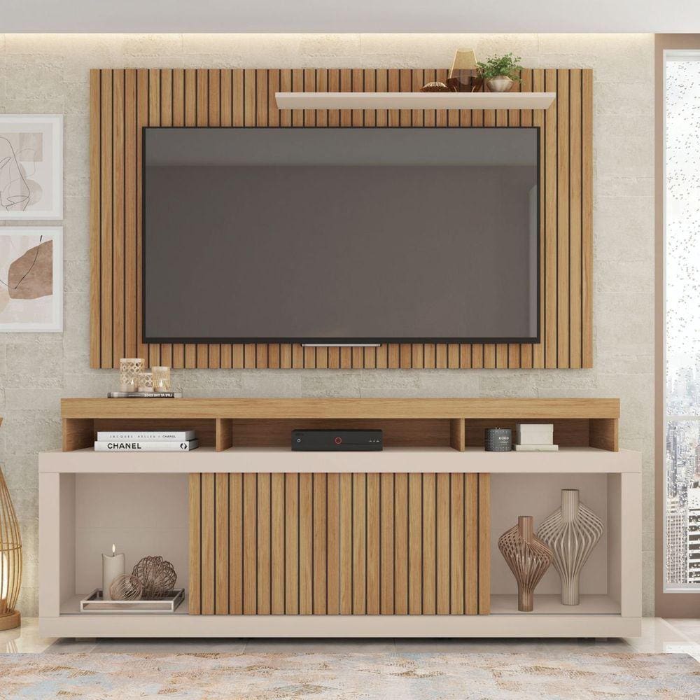 Rack com Painel Para TV de até 65 Polegadas 2 Portas Ripado Esmeralda Buriti/Off White