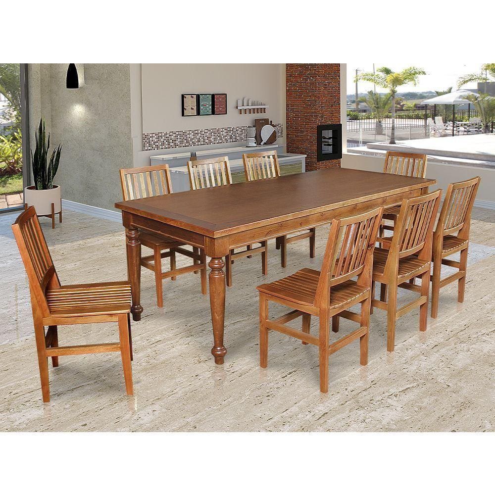 Conjunto Jantar Mesa Rústica Franscisca 220X100 Com 8 Cadeira Ripada Confort Castanho - Marrom