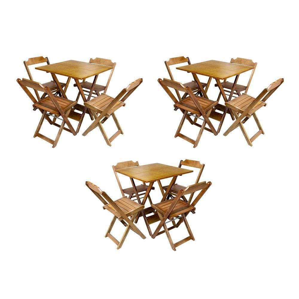 Kit 3 Conjuntos De Mesa Dobravel Com 4 Cadeiras De Madeira 70X70 Para Restaurante E Bar - Mel