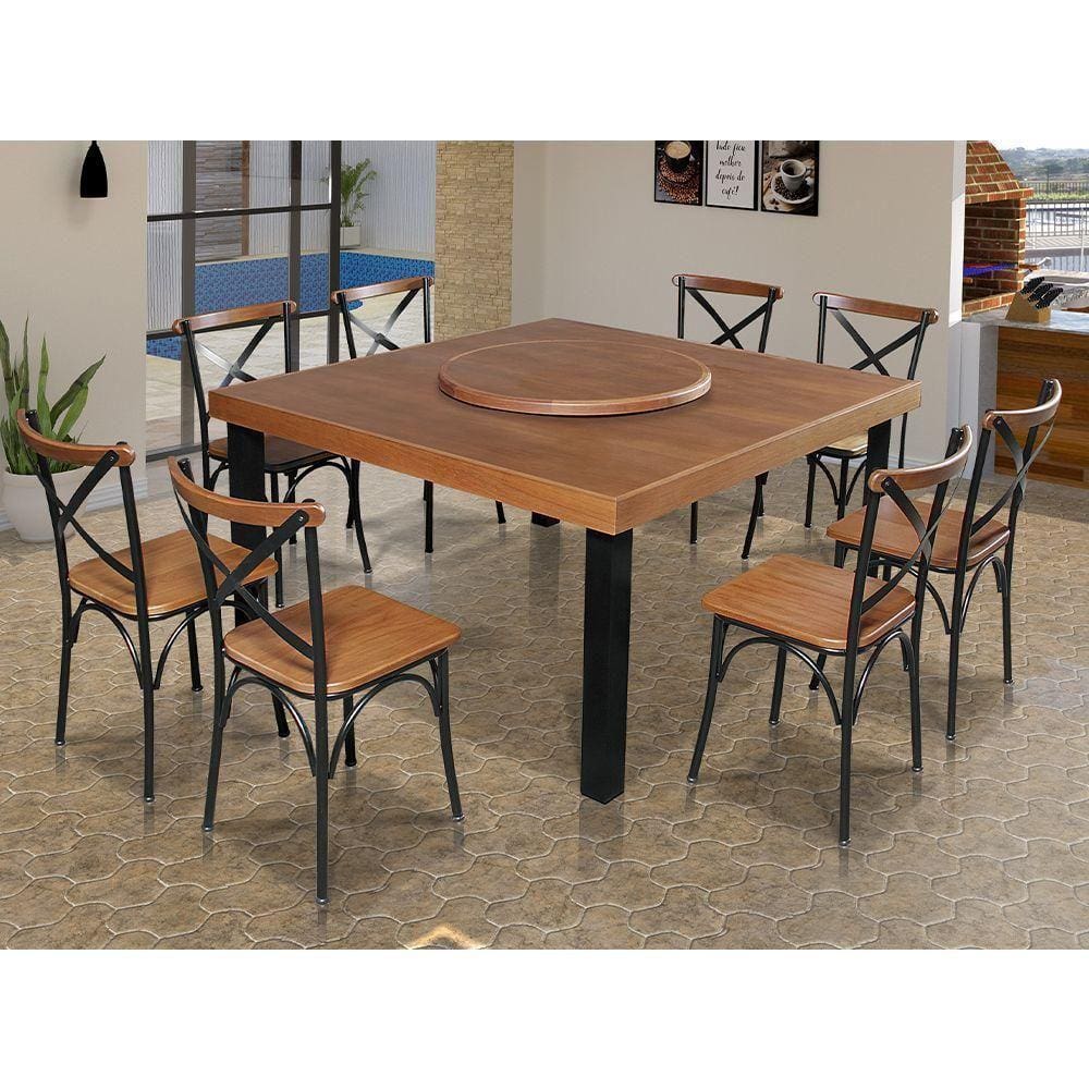 Mesa Jantar Industrial Sophia 1,50M Prato Giratório 8 Cadeiras Paris Pés Alumínio Castanho - Marrom